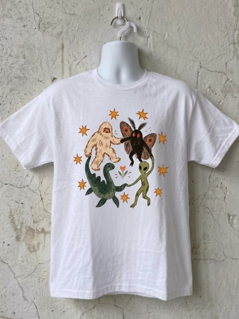 Dancing Cryptids Bigfoot Mothman Alien Graphic T-Shirt Gildan 5000 Cotton Tee